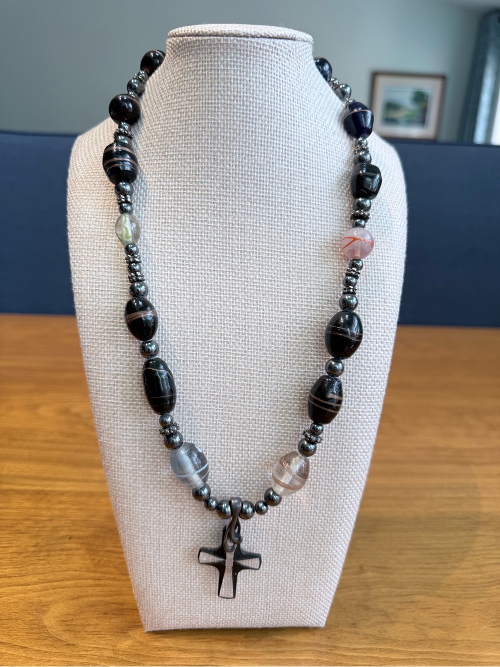 Vintage Heavy 120g Uranium & Cadmium Art Glass Cross Necklace 22" Multi UV Glow